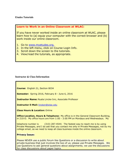 Etudes Tutorials Learn to Work in an Online Classroom at WLAC