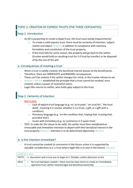 TOPIC 2: CREATION of EXPRESS TRUSTS (THE THREE CERTAINTIES) Step 1. Introduction A. Consequences of Creating a Trust Step 2