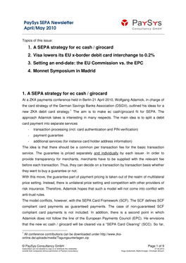 Paysys SEPA Newsletter April/May 2010 1. a SEPA Strategy for Ec Cash