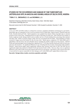 Studies on the Occurrence and Damage by Yam Tuber Beetles (Heteroligus Spp) in Aniocha and Oshimili Areas of Delta State, Nigeria *Tobih, F