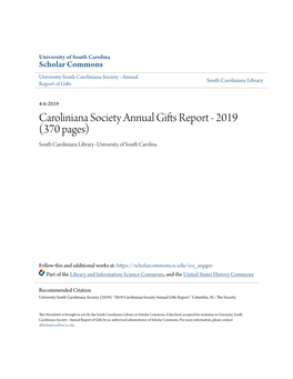 Caroliniana Society Annual Gifts Report - 2019 (370 Pages) South Caroliniana Library--University of South Carolina