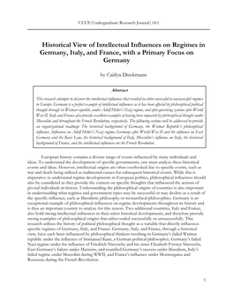 Historical View of Intellectual Influences on Regimes in Germany, Italy, and France, with a Primary Focus on Germany