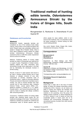 Traditional Method of Hunting Edible Termite, Odontotermes Formosanus Shiraki by the Irulars of Gingee Hills, South India