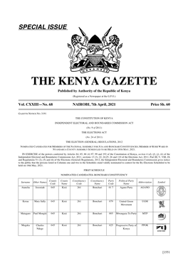 THE KENYA GAZETTE Published by Authority of the Republic of Kenya (Registered As a Newspaper at the G.P.O.)