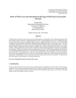 Rates of Water Loss and Absorption in the Eggs of Stick Insect Eurycantha Calcarata