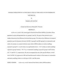 Characterization of Acidovorax Citrulli Virulence on Watermelon