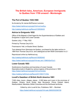 The-British-Isles-American-European-Immigrants-To-Quebec-From-1759 Montreal-Regions