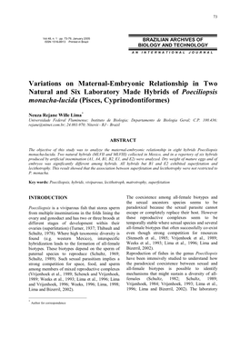 Variations on Maternal-Embryonic Relationship in Two Natural and Six Laboratory Made Hybrids of Poeciliopsis Monacha-Lucida (Pisces, Cyprinodontiformes)