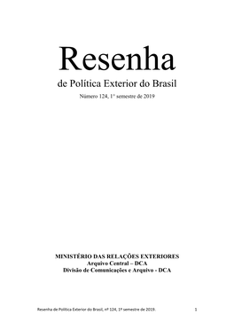 Resenha De Política Exterior Do Brasil Número 124, 1° Semestre De 2019