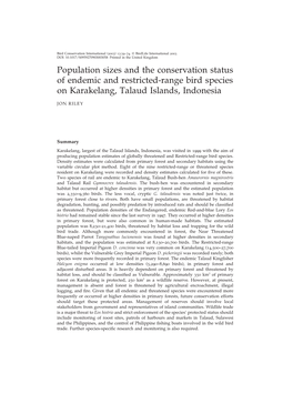 Population Sizes and the Conservation Status of Endemic and Restricted-Range Bird Species on Karakelang, Talaud Islands, Indonesia