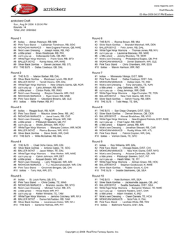Azzkickerz Draft Results 02-Mar-2009 04:37 PM Eastern Azzkickerz Draft Sun., Aug 24 2008 9:30:00 PM Rounds: 14 Time Limit: Unlimited