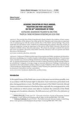 Academic Education of Poles Abroad. Tradition and New Challenges on the 80Th Anniversary of Puno Kształcenie Akademickie Polaków Na Obczyźnie