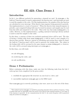 EE 423: Class Demo 1 Introduction in Lab 1, Two Diﬀerent Methods for Generating a Sinusoid Are Used