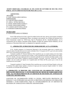 Sesión Ordinaria Celebrada El Día Ocho De Octubre De Dos Mil Once Por El Ayuntamiento Pleno De Poza De La Sal