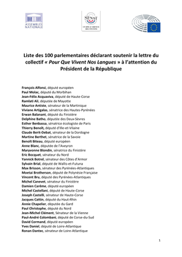 Liste Des 100 Parlementaires Déclarant Soutenir La Lettre Du Collectif « Pour Que Vivent Nos Langues » À L’Attention Du Président De La République