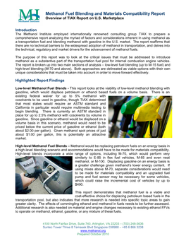 Methanol Fuel Blending and Materials Compatibility Report Overview of TIAX Report on U.S