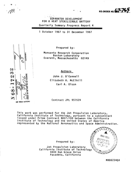 S K P a R a T 0 R D E V E L 0 P 11 E N T for A'heat STERILIZABLE BATTERY Quarterly Summary Proqress Report 4 1 October 1967 to 3