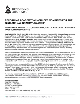 Recording Academy® Announces Nominees for the 62Nd Annual Grammy Awards®