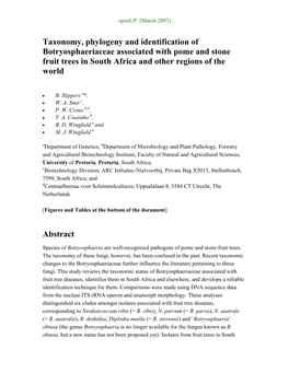 Taxonomy, Phylogeny and Identification of Botryosphaeriaceae Associated with Pome and Stone Fruit Trees in South Africa and Other Regions of the World