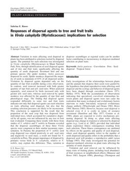 Responses of Dispersal Agents to Tree and Fruit Traits in Virola Calophylla (Myristicaceae): Implications for Selection