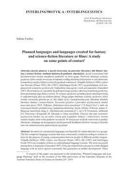 Planned Languages and Languages Created for Fantasy and Science-Fiction Literature Or Films: a Study on Some Points of Contact1