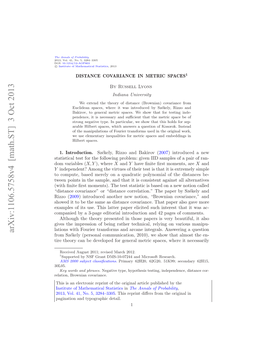 DISTANCE COVARIANCE in METRIC SPACES 3 an Invited Review Paper on Statistics That Are Functions of Distances Between Observations