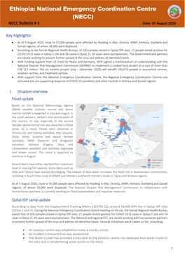 Ethiopia: National Emergency Coordination Centre (NECC) NECC Bulletin # 3 Date: 07 August 2020