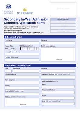 Secondary In-Year Admission Common Application Form