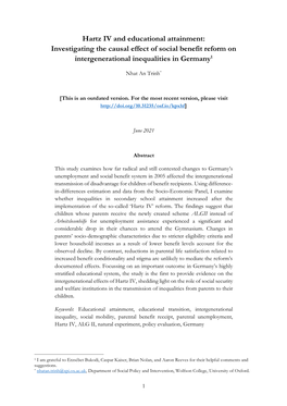 Hartz IV and Educational Attainment: Investigating the Causal Effect of Social Benefit Reform on Intergenerational Inequalities in Germany1