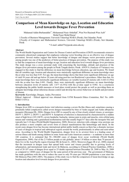 Comparison of Mean Knowledge on Age, Location and Education Level Towards Dengue Fever Prevention