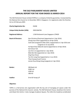 The Old Parliament House Limited Annual Report for the Year Ended 31 March 2014