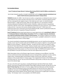 For Immediate Release: Secret® Deodorant Keeps Women's Hockey Afloat During COVID-19 with $1 Million Commitment to PWHPA Secr