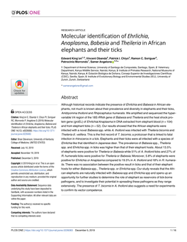 Molecular Identification of Ehrlichia, Anaplasma, Babesia and Theileria in African Elephants and Their Ticks