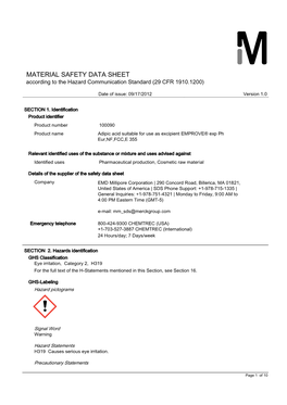 MATERIAL SAFETY DATA SHEET According to the Hazard Communication Standard (29 CFR 1910.1200)