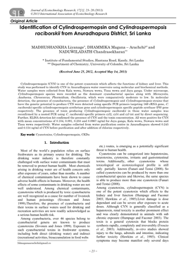 Identification of Cylindrospermopsin and Cylindrospermopsis Raciborskii from Anuradhapura District, Sri Lanka