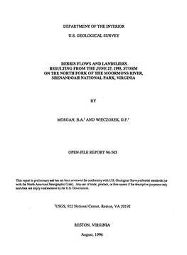 Debris Flows and Landslides Resulting from the June 27,1995, Storm on the North Fork of the Moormons River, Shenandoah National Park, Virginia