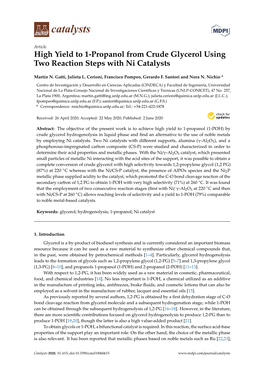 High Yield to 1-Propanol from Crude Glycerol Using Two Reaction Steps with Ni Catalysts