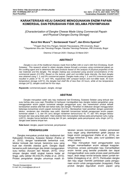 Karakterisasi Keju Dangke Menggunakan Enzim Papain Komersial Dan Perubahan Fisik Selama Penyimpanan