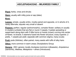 Asclepiadaceae – Milkweed Family