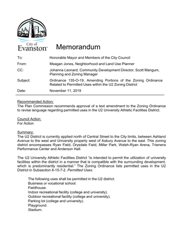 Ordinance 135-O-19, Amending Portions of the Zoning Ordinance Related to Permitted Uses Within the U2 Zoning District Date: November 11, 2019