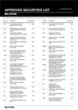 APPROVED SECURITIES LIST 29 September 2021