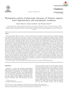 Phylogenetic Analysis of Phenotypic Characters of Tunicata Supports Basal Appendicularia and Monophyletic Ascidiacea