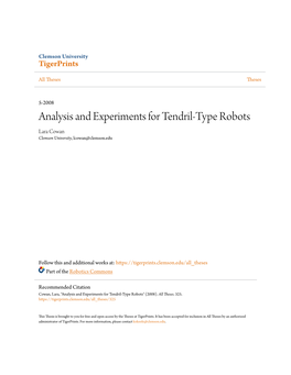 Analysis and Experiments for Tendril-Type Robots Lara Cowan Clemson University, Lcowan@Clemson.Edu