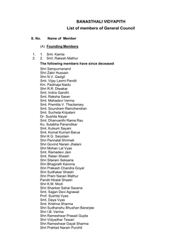 BANASTHALI VIDYAPITH List of Members of General Council