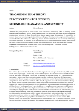 Timoshenko Beam Theory Exact Solution for Bending, Second-Order Analysis, and Stability