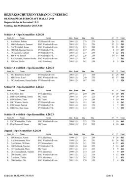 BEZIRKSSCHÜTZENVERBAND LÜNEBURG BEZIRKSMEISTERSCHAFT HALLE 2016 Bogenschießen in Barendorf / LG Sonntag, Den 06.Dezember 2015, 9.00