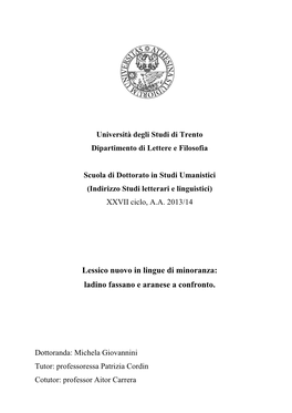 Lessico Nuovo in Lingue Di Minoranza: Ladino Fassano E Aranese a Confronto