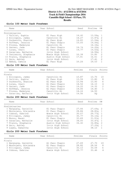 El Paso, TX Results Girls 100 Meter Dash Freshmen