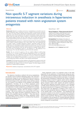 Non Specific S-T Segment Variations During Intravenous Induction in Anesthesia in Hypertensive Patients Treated with Renin Angiotensin System Antagonists