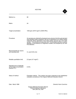 ACETONE Method No.: 69 Matrix: Air Target Concentration